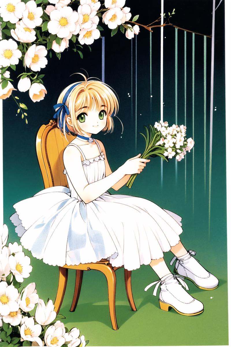 17531-2659578264-1girl, flower, kinomoto sakura, green eyes, solo, ribbon, dress, hair ribbon, holding, blue ribbon, 1990s (style), sitting, look.png